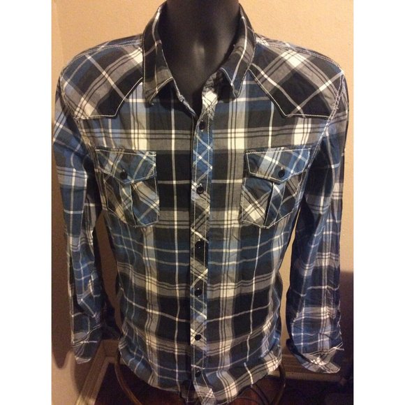 BKE Other - BKE Slim Fit Stretch Long Sleeve Button Front Western Shirt Plaid Blue Sz Large